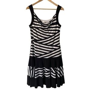 Joseph Ribkoff Striped Fit and Flare Dress Sz 10 Black White Cocktail Party EUC